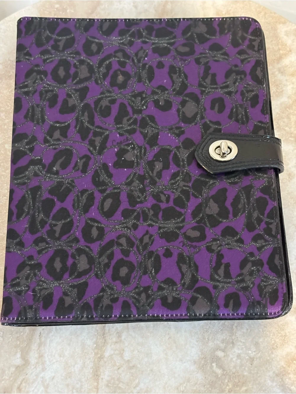 Coach Purple Leopard Print Tablet Folio Case with Turn-Lock Closure